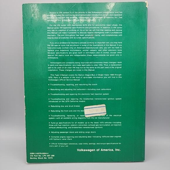 Volkswagen Official Service Manual for Station Wagon Bus 1968-1979 Good - Picture 2 of 14